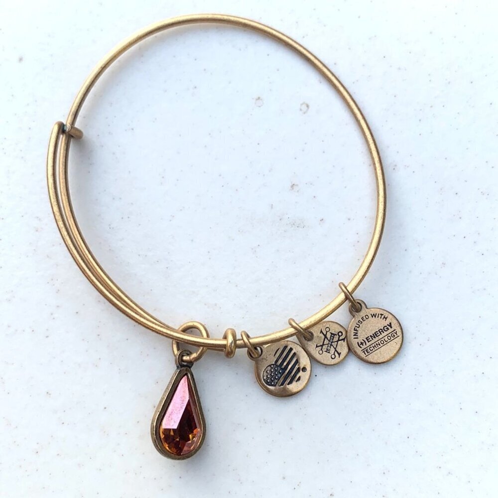 Alex and Ani – Golden Pink Teardrop Crystal Charm Bangle – Russian Gold Finish